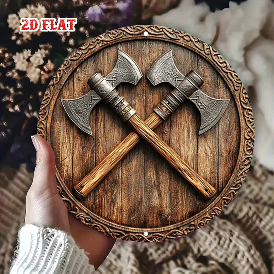 CIFBUY Wikinger-Schild Wandkunst aus Metall mit Kampfaxen-Design in Braun im rustikalen Stil - Bild 3