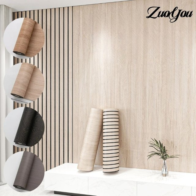 Selbstklebende Vinyl-Tapete in Holzoptik mit Textur, Beige, 3 m pro Rolle - Bild 1