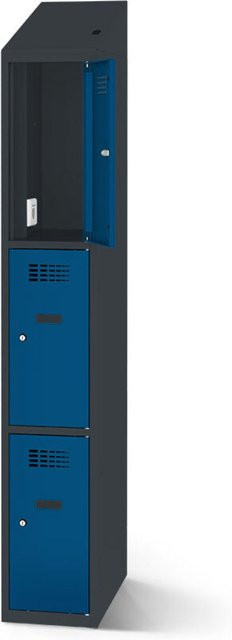 rotstahl Fächerschrank mit Ladefunktion und 3 Fächern in Dunkelblau mit anthrazitgrauem Korpus, B: 30 cm, H: 200 cm - Bild 1