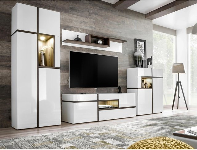 Premium Living Wohnwand Cross in Weiß und Ulmefarben mit Lowboard, Wandelementen und integrierter Beleuchtung - Bild 1