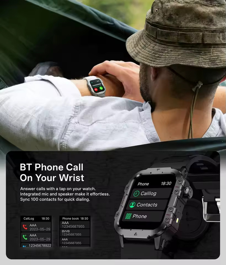 Ola Esporte Outdoor-Sport-Smartwatch für Damen und Herren in Schwarz mit 2,01 Zoll Display, GPS-Tracker, LED-Taschenlampe, Bluetooth-Anruffunktion und wasserfestem Gehäuse - Bild 2
