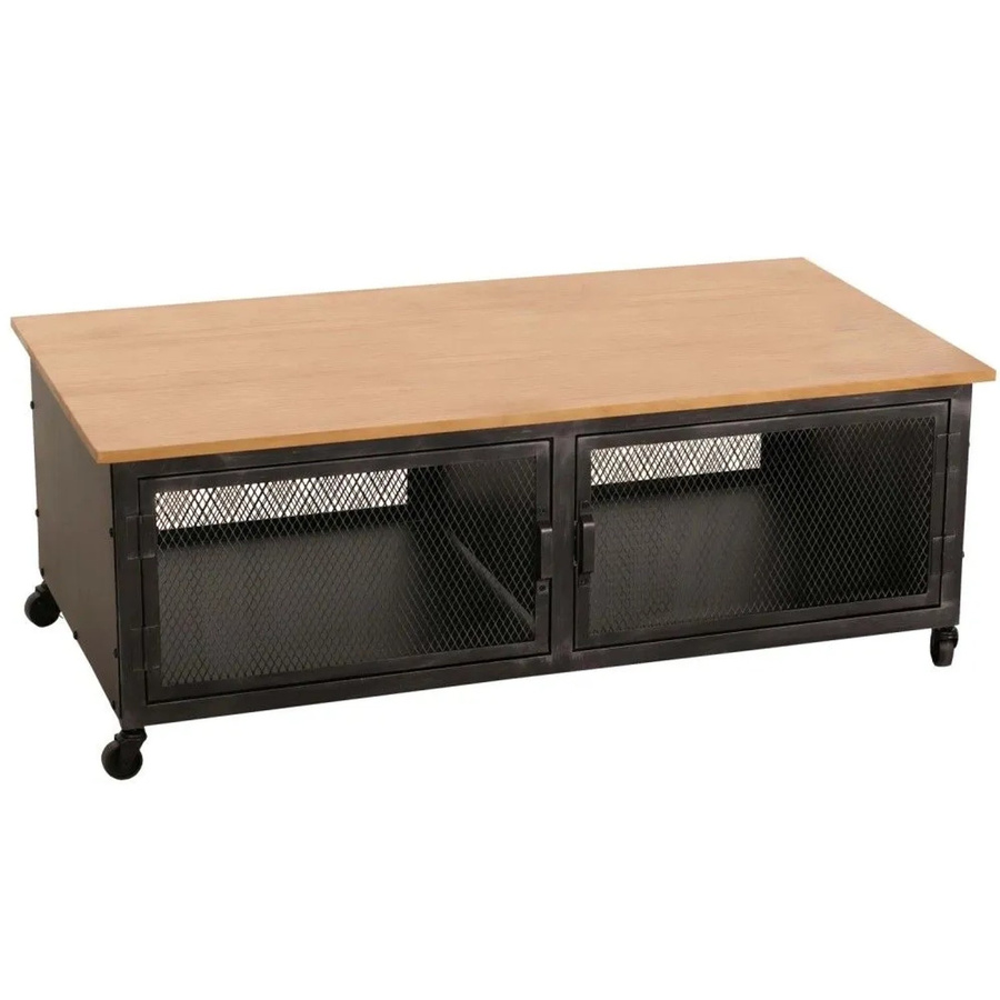 Couchtisch MCW-N28 Industrial Retro aus Metall und Holz mit Rollen und 2 Fächern, schwarz/natur, B: 120 cm, T: 45 cm, H: 60 cm - Bild 3