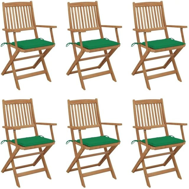 6er Set vidaXL Klappbare Gartenstühle aus Akazienholz mit Kissen in Braun und Grün - Bild 1