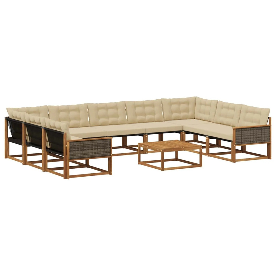 vidaXL Outdoor-Sofagarnitur in U-Form aus massivem Akazienholz mit 10 Textilene-Kissen in Natur-Beige - Bild 2