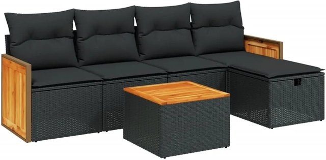 vidaXL 6-tlg Garten-Sofagarnitur in L-Form mit Polsterkissen und Couchtisch, Schwarz - Bild 1