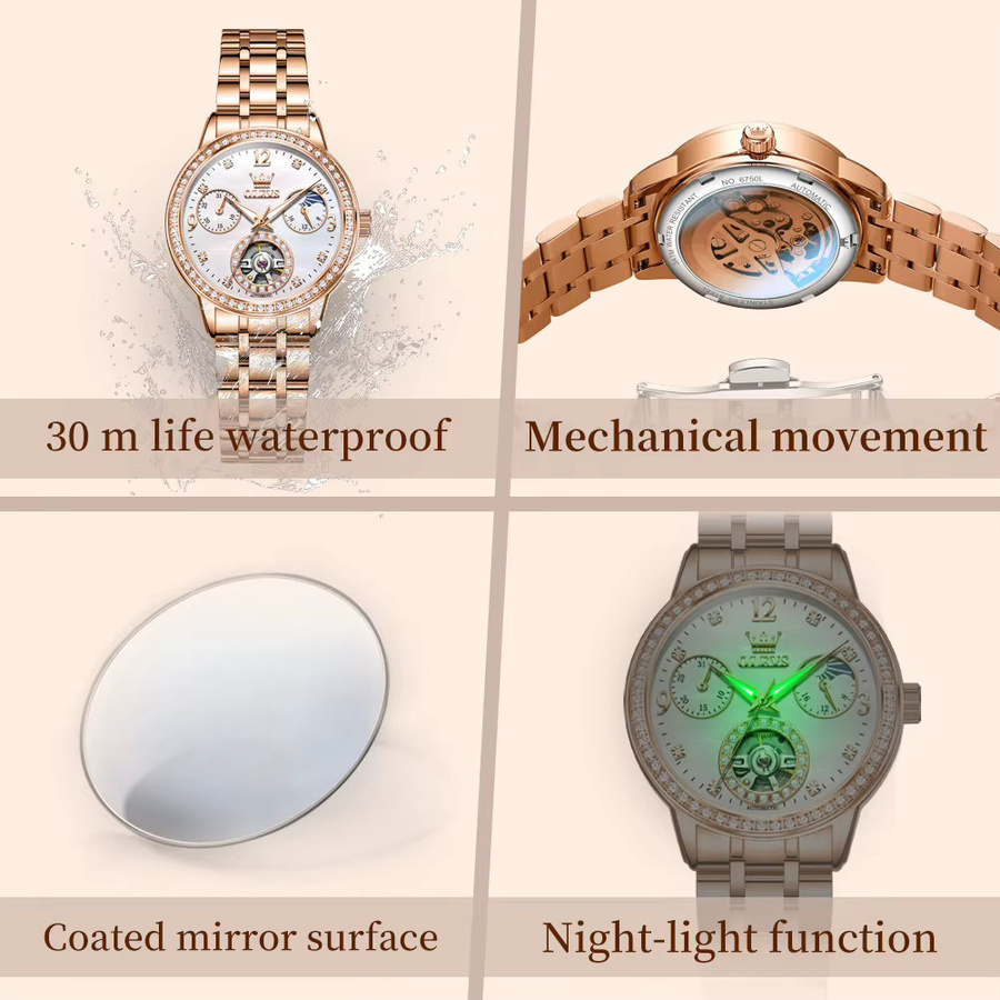 OLEVS Armbanduhr Automatik, Edelstahl, Roségold, Diamant, Mondphase, Damen - Bild 3
