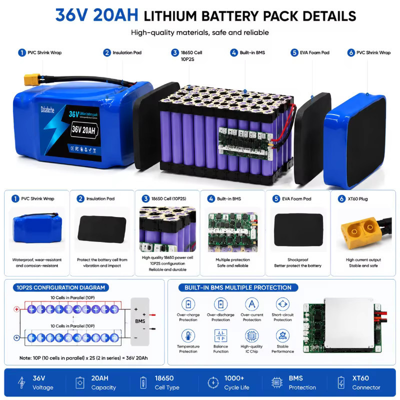 Wiederaufladbarer 36V Lithium-Ionen-Akku 10S2P mit Schutzplatine für Elektro-Balance-Scooter und Smart Zweirad-Roller in Blau - Bild 7