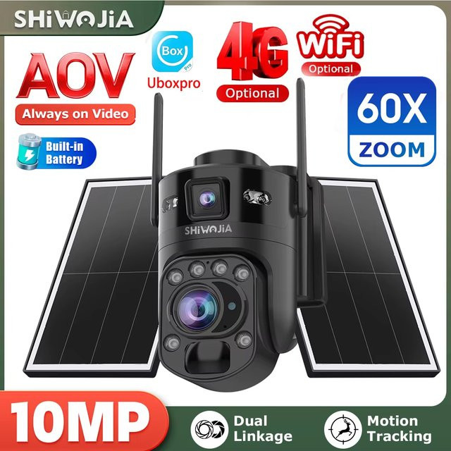 SHIWOJIA 4G Solarkamera mit 10MP Doppellinse, 60x Zoom, 360° Überwachung, 14W Solarpanel und PIR-Sensor, Schwarz - Bild 1