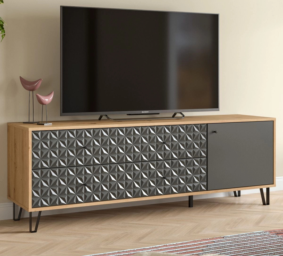 TV-Lowboard Relief von Inn.Furn in Grau und Eiche, B/T/H: 164 x 40 x 56 cm - Bild 1