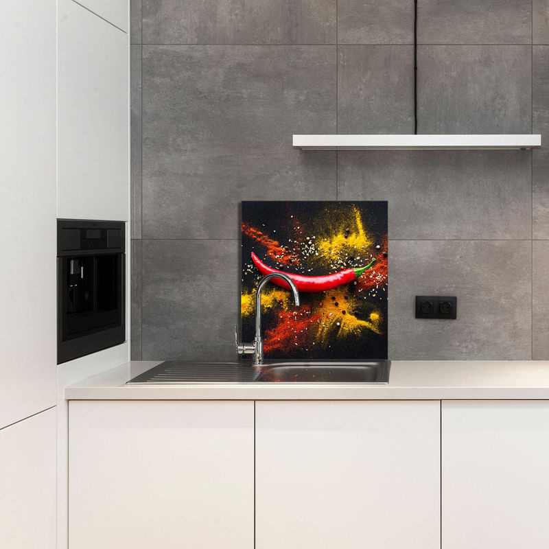 Modernes Küchenrückwand-Glaspaneel mit abstraktem Chili-Motiv, mehrfarbig, B: 60 cm, H: 65 cm - Bild 2