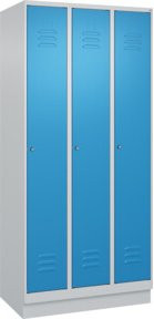 C+P Spind Classic PLUS Garderobenschrank mit Sockel, 3 Abteile, Zylinderschloss, 4 Garderobenhaken und mittiger Trennwand, Farbe: Grau/Blau, H x B x T: 195 x 90 x 50 cm - Bild 1