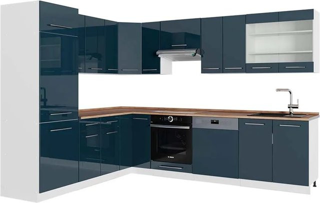 Vicco Eckküche Fame-Line in Weiß und Dunkelblau Hochglanz mit Arbeitsplatte in Eiche, B/T/H: 287 x 82 x 227 cm - Bild 2