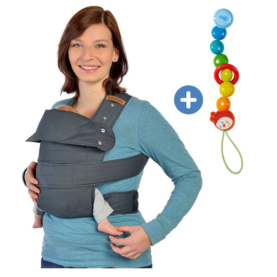 Marsupi Babytrage Classic 2,0 ab Geburt bis 15 kg inkl. Schnullerkette aus Holz in Grey, Gr. L - Bild 1