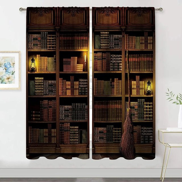 A Family Of Home Textiles Vorhänge im Vintage Bücherregal Design mit 3D Digitaldruck, Braun, B: 100 cm, H: 240 cm, 2 Stück - Bild 1