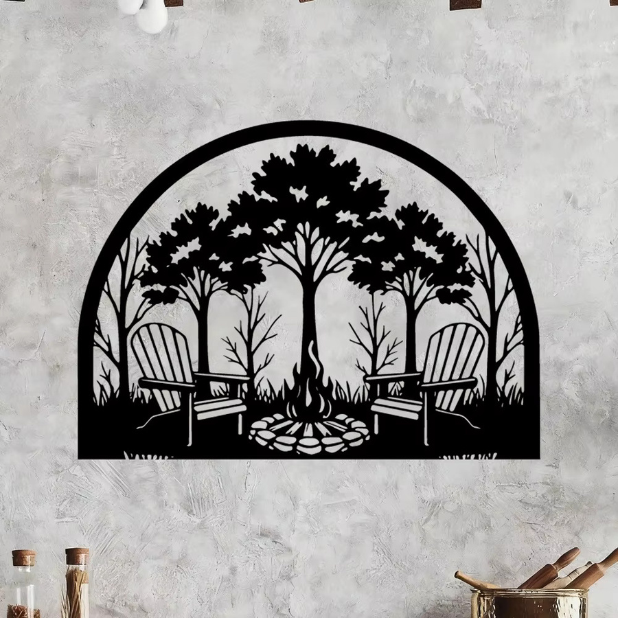 CIFBUY Metall-Wandkunst mit Lagerfeuerstuhl-Motiv in Schwarz als rustikale Außendekoration für Garten und Terrasse - Bild 2
