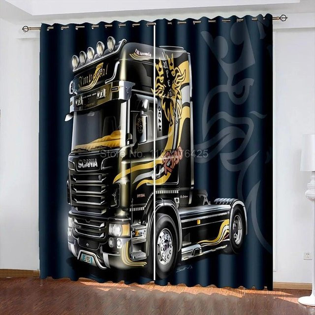 Verdunkelungsvorhänge mit 3D-LKW-Print von A Family Of Home Textiles, Blau, B: 183 cm, H: 214 cm, 2er-Set mit Rod Pocket - Bild 1