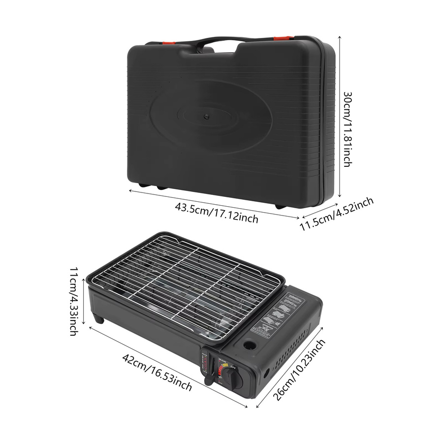 Tragbarer Butan-Campinggrill mit Koffer, 2,2 kW Tisch-Gasbrenner in Schwarz für Outdoor und Picknick, B/T/H: 42,0 x 26,0 x 11,0 cm - Bild 4