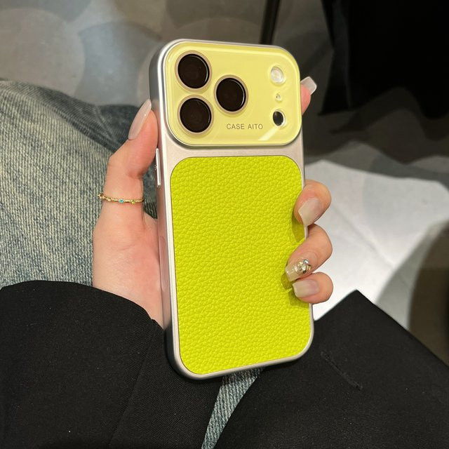 Apple Handyhülle aus PU-Leder in Litchi-Textur mit Linsenschutz und Stoßfänger für iPhone 17 16 15 14 Pro Max 13, Gelb - Bild 1