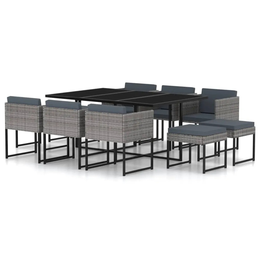 vidaXL 11-tlg Garten-Essgruppe aus Poly Rattan in Grau und Anthrazit mit Tisch und Kissen - Bild 2