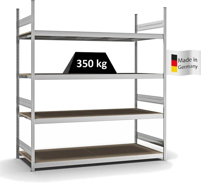 PROREGAL Weitspannregal Stecksystem T-Profil in Silber, verzinkt, mit 4 Ebenen Spanplatten Fachböden, H x B x T: 250 x 225 x 80 cm - Bild 1