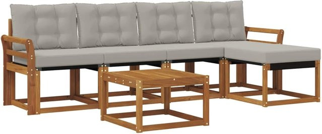vidaXL Outdoor-Sofagarnitur 6-teilig aus Akazienholz und Textilene in Natur und Grau mit Kissen - Bild 1