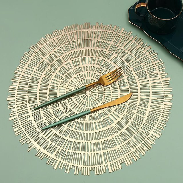 6er Set runde Platzsets von Yiran Furniture aus Metallic Vinyl in Gold mit Holzmuster, Durchmesser: 38 cm - Bild 1