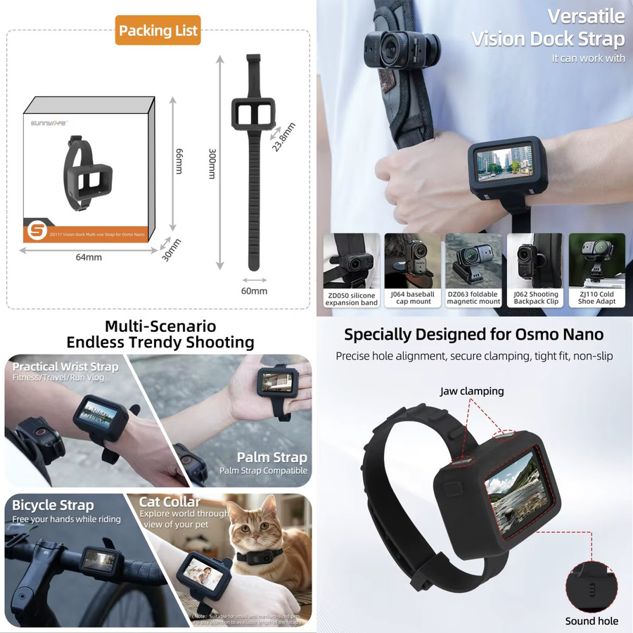 DJI Osmo Nano Zubehör: Silikon-Handschlaufe und Rucksack-Clip-Kamerahalterung in Schwarz - Bild 3