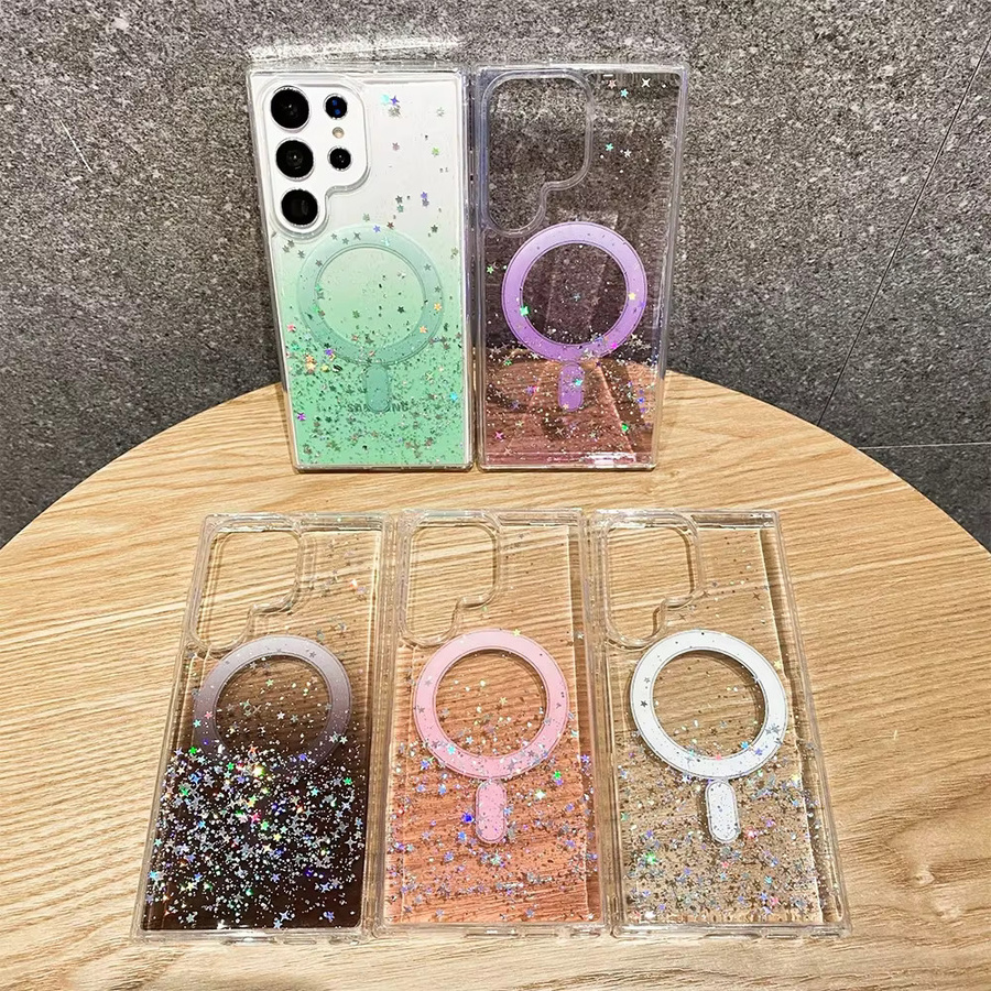 Samsung Galaxy S24 S23 S22 Ultra Plus Magnetische Schutzhülle mit Epoxy Glitter Star Design in Pink und Wireless Charging Kompatibilität - Bild 1