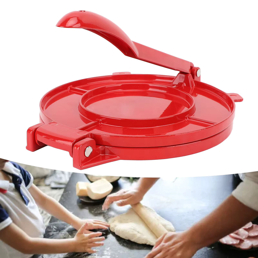 Qiilu Manuelle Tortilla-Presse aus Aluminiumlegierung in Rot für Fladenbrot und Teig, Durchmesser: 25 cm - Bild 2