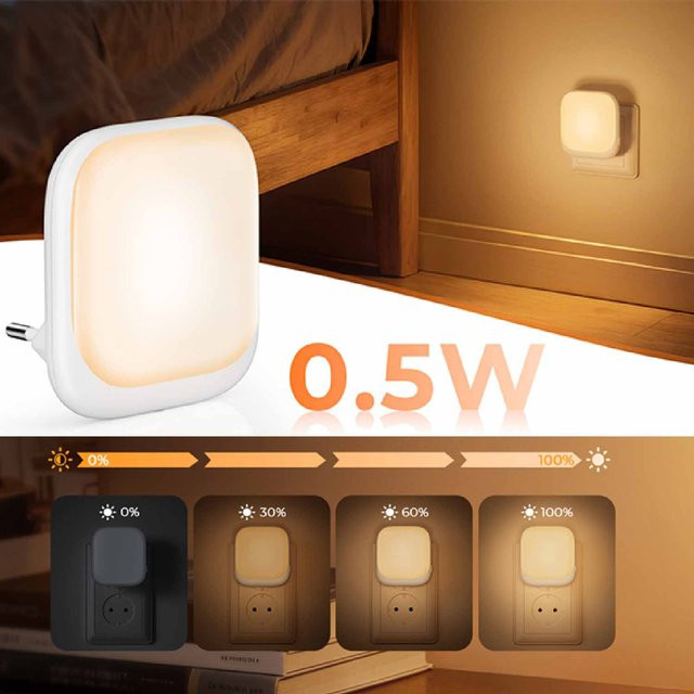 Ouelico Dimmbares Nachtlicht für Steckdose mit Dämmerungssensor, 0,5 W, Warmweiß, Weiß - Bild 1