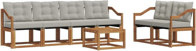 vidaXL Outdoor-Sofagarnitur 7-teilig aus Akazienholz und Textilene in Natur und Hellgrau mit Kissen und UV-Beständigkeit - Bild 1