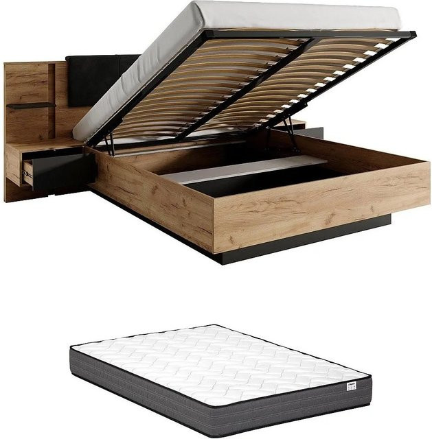 Vente-unique Bett Elynia mit Bettkasten in Anthrazitgrau und Naturfarben Hell, B/T: 140 x 190 cm - Bild 1