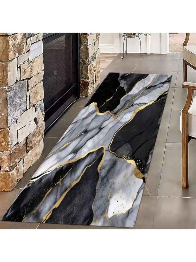 Moderner Runner-Teppich in Schwarz mit Marmorstruktur im nordischen Stil, rutschfest und wasserabsorbierend für Wohnzimmer, Schlafzimmer oder Balkon - Bild 2