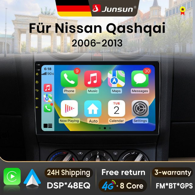 Junsun Android 15 Autoradio für Nissan Qashqai J10 2006-2013 mit 9 Zoll IPS-Bildschirm, kabelloses Apple CarPlay und Stereo-Multimedia-Videoplayer in Schwarz - Bild 1