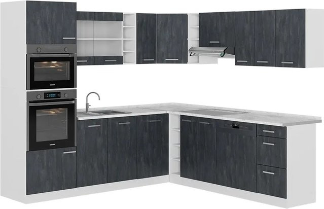 Vicco R-Line Einbauküche in L-Form Schwarz Beton und Weiß ohne Arbeitsplatte B/T/H: 247 x 237 x 206,8 cm - Bild 2