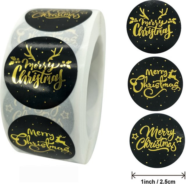 500 Stück TYFYO Frohe Weihnachten Aufkleber rund in Schwarz und Gold, Durchmesser: 2,54 cm, Klebeaufkleber aus Papier für Weihnachtsdeko und Geschenke - Bild 1