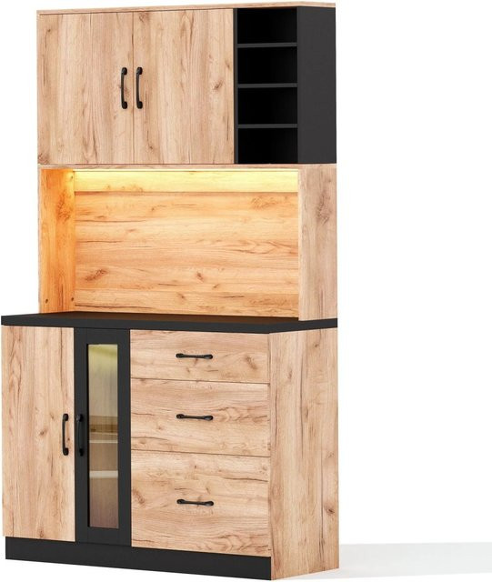 okwish Küchenhochschrank mit LED-Beleuchtung und Glastüren in Natur, B/T/H: 105 x 40 x 180 cm - Bild 1