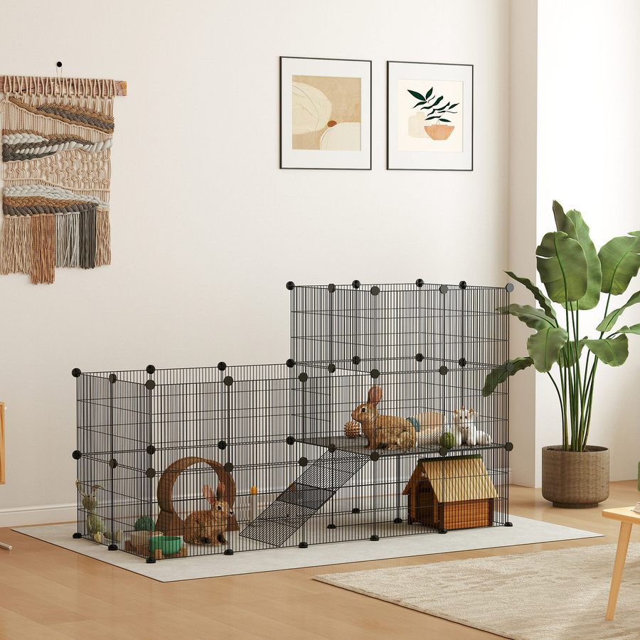 PawHut Kleintiergehege aus Metall mit 39 Platten und Rampe, DIY Gittergehege Schwarz, B/T/H: 140 x 70 x 105 cm - Bild 2