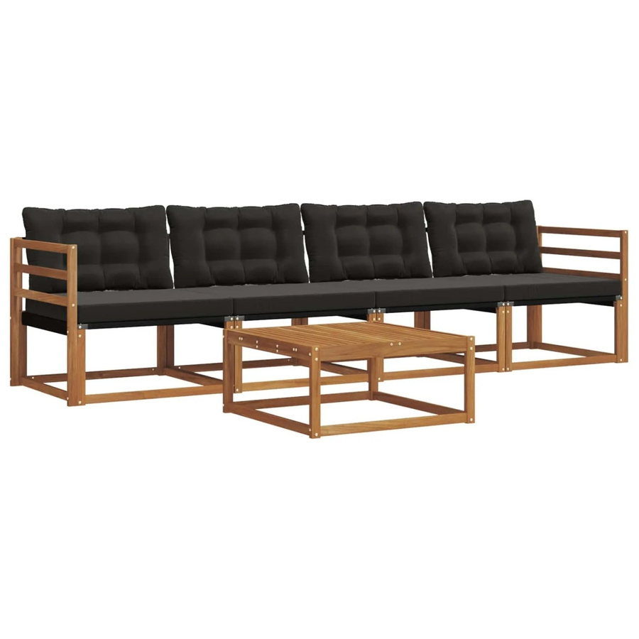 vidaXL Outdoor-Sofagarnitur 5-tlg. aus Akazienholz und Textilene in Natur und Schwarz mit Kissen und Tisch - Bild 2