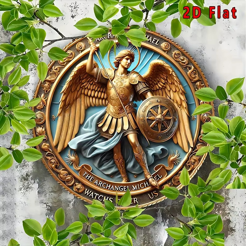 Potdemiel Erzengel Michael Vintage Metall-Wandkunst rundes Blechschild in Gold und Blau, Durchmesser: 20,3 cm - Bild 5