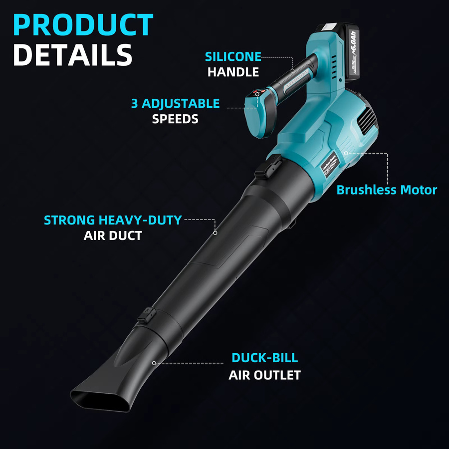 Bürstenloser Elektro-Laubbläser für Makita LXT und DEWALT 18V Akku, 2-in-1 Turbo-Gebläse für Laub, Schnee und Gartenreinigung - Bild 2