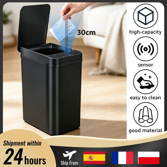 HGTUGO Automatischer Badezimmer-Mülleimer mit Deckel, 12L Intelligenter Mülleimer mit Bewegungssensor und Wasserdichtem Design, Schwarz - Bild 1
