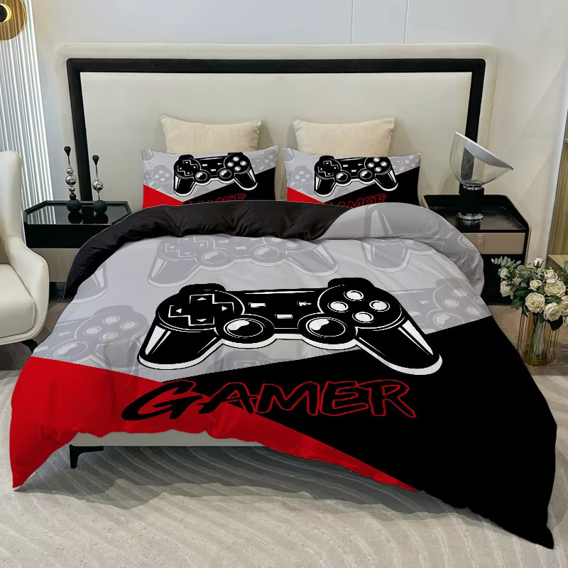 3-teiliges Bettwäsche-Set mit Spielkonsole-Motiv in Rot, Schwarz und Blau aus 100% Polyester, bestehend aus 1 Bettbezug und 2 Kissenbezügen, Breite: 135 cm, Höhe: 200 cm - Bild 3