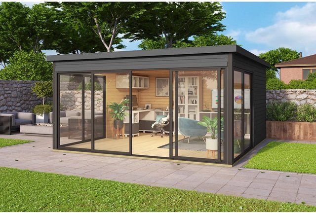 Lasita Holz-Gartenhaus Domeo 5 Flachdach in Carbongrau lasiert mit modernem Design und Blockbohlenbauweise B/T: 418 x 418 cm - Bild 1