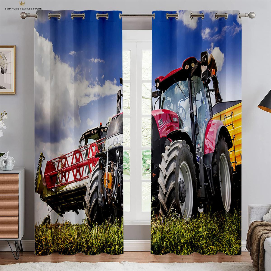 Yiran Furniture Vorhänge im ländlichen Stil mit Traktor Erntemaschine und Sonnenblumen, 2 Paneele, halbtransparent, Polyester, Mehrfarbig, B: 50 cm, H: 130 cm - Bild 1