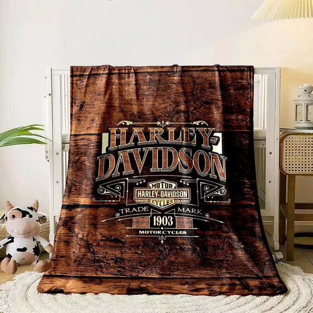 Pragma Prints Harley-Davidson Überwurf mit Vintage-Holzhintergrund in Braun, B: 80 cm, L: 120 cm - Bild 1