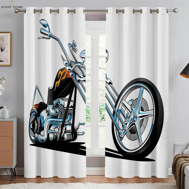Motorrad 3D-Druck Vorhänge aus Polyester im modernen Stil, 2er-Set, Mehrfarbig, Breite: 50 cm, Höhe: 140 cm - Bild 1
