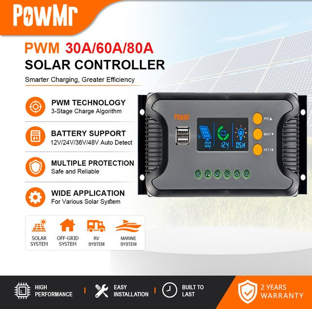 PowMr Pstar Serie PWM Solar-Laderegler in Schwarz für 12/24/36/48V Systeme mit PV-Max-Eingang 100V und 3-Stufen-Ladung für LiFePO4, Gel- und Blei-Säure-Batterien - Bild 1