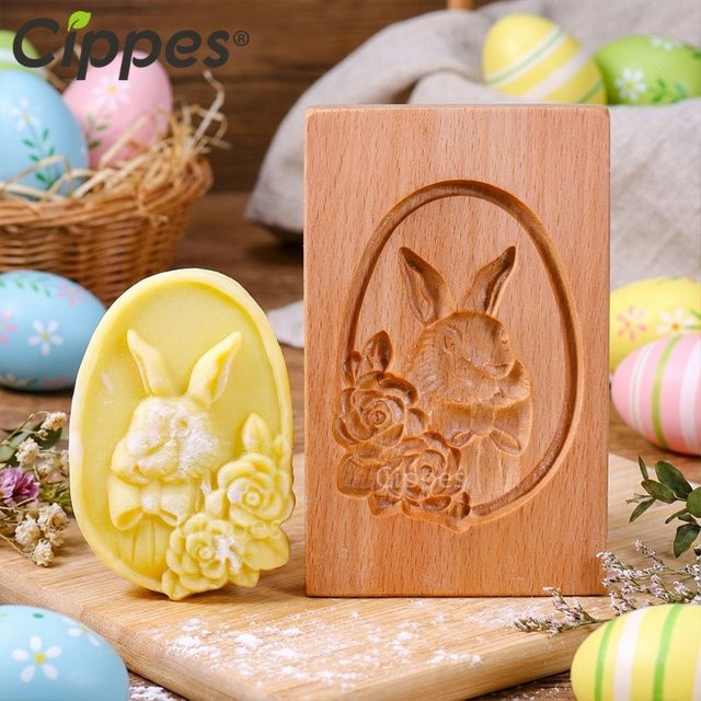 Cippes Osterplätzchenformen aus Buchenholz mit 3D-Hasen- und Eiprägemuster in Braun für Kekse, Fondant und Schokolade - Bild 1