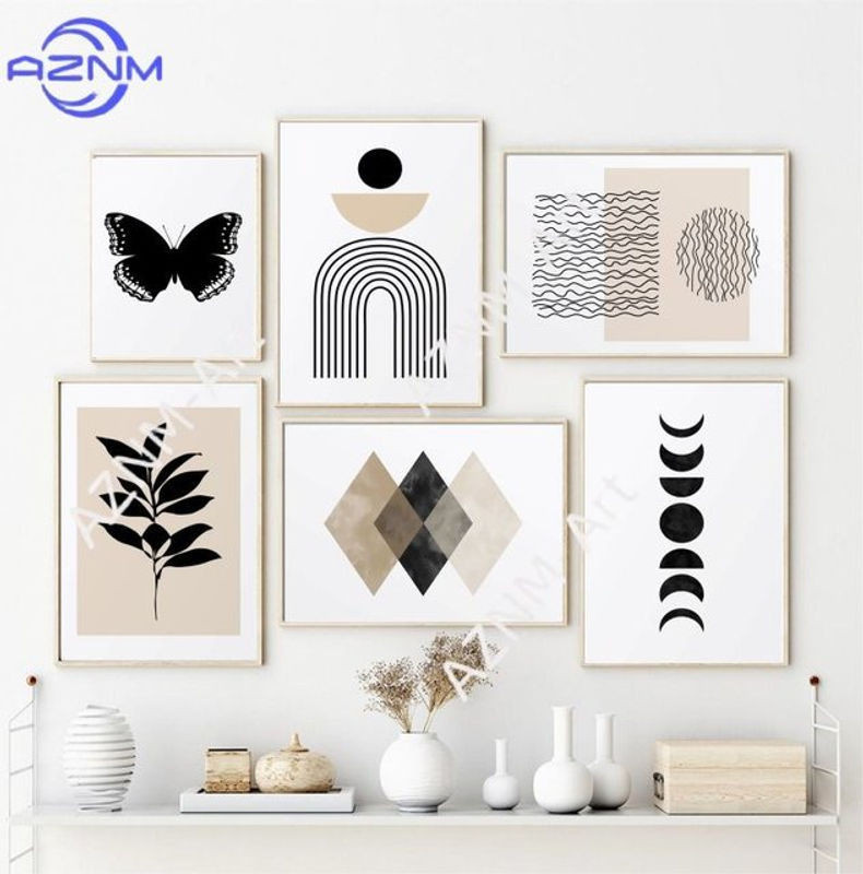 KAYOU Mid-Century Wandbild aus Leinwand mit abstrakten geometrischen Motiven in Schwarz, Beige und Mehrfarbig auf Holz zur Wanddekoration - Bild 1